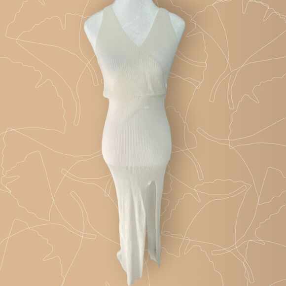 White High Slit Cover Up Mesh Textured Maxi Sun Beach Dress Backless Small - Picture 2 of 14
